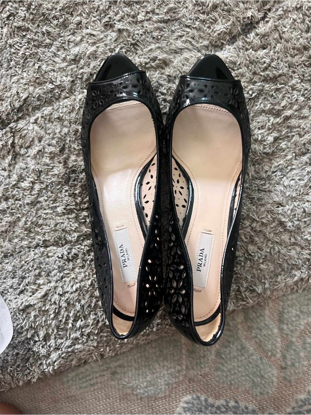 AUTHENTIC Prada Black Perforated Patent Leather Peep-Toe Heels